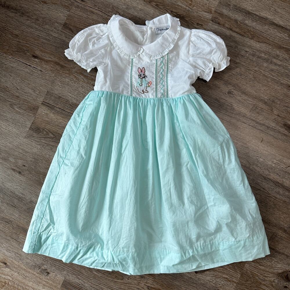 Smockingbird Girls Dress 6 Short Sleeve Easter Blue Bunny White Collared Smocked